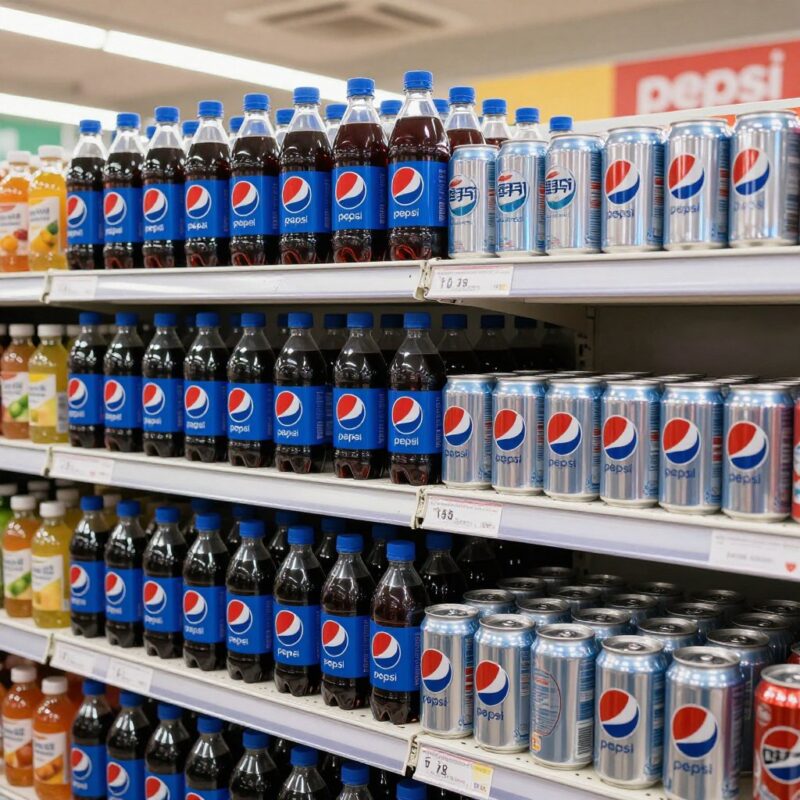 Mixed Pepsi products display showing single-serve and multipack formats