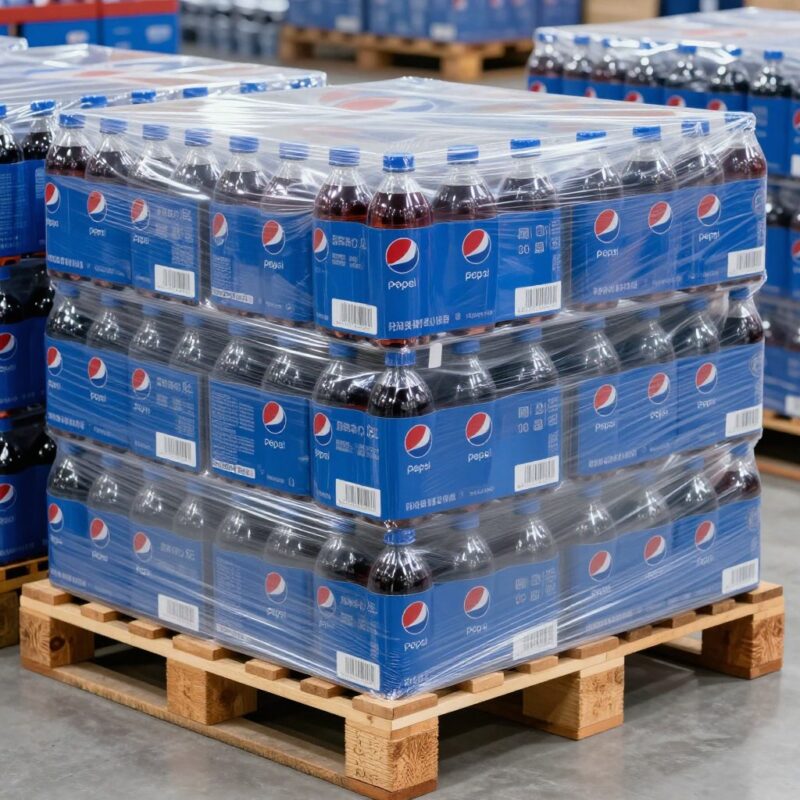 Pepsi PET bottles wholesale cases stacked on export pallet