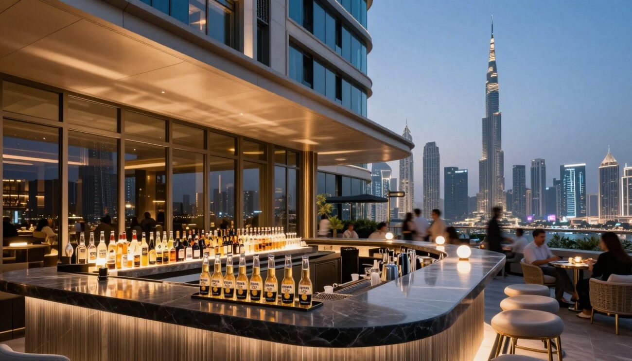 hotel rooftop bar with Corona Extra bottles served to guests in premium setting