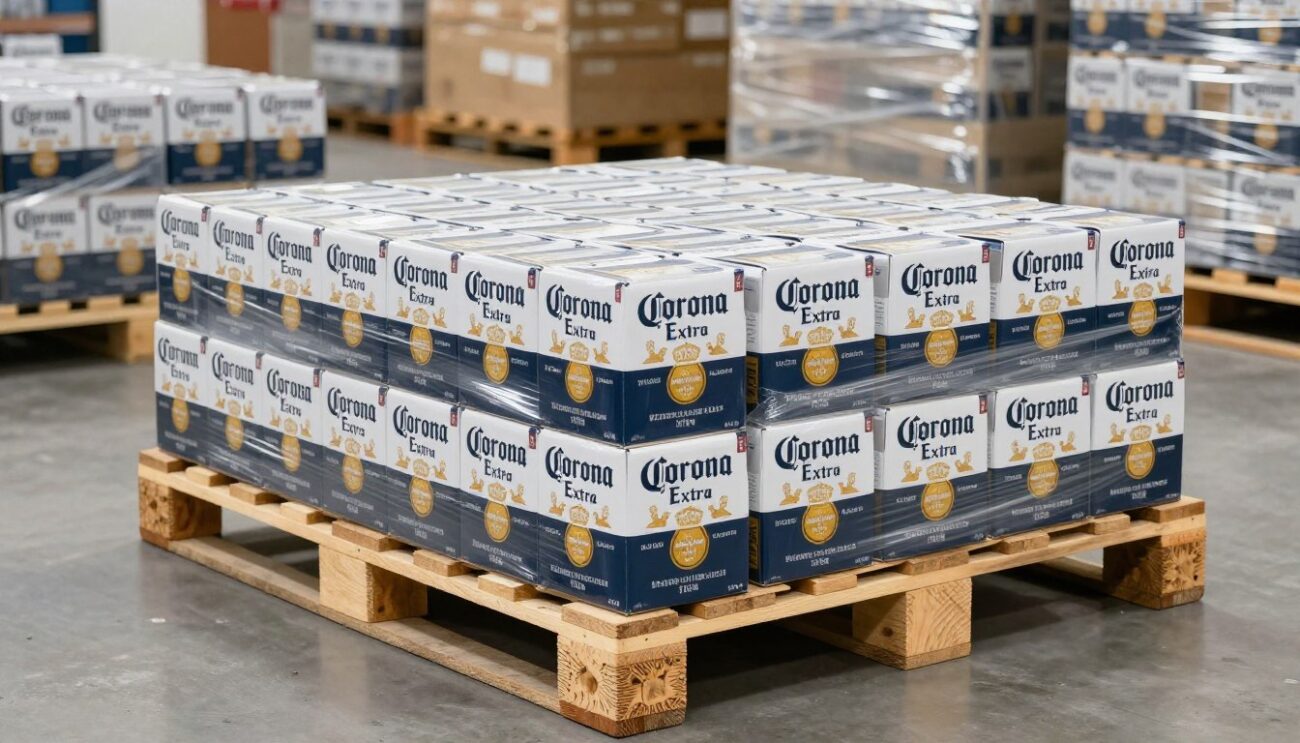 warehouse workers preparing Corona Extra pallets with proper glass bottle handling procedures